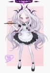  1girl alternate_costume apron black_dress black_footwear blue_archive blush character_name dress frilled_dress frills full_body grey_hair hair_ornament hairclip halo highres hina_(blue_archive) holding holding_tray horns long_hair looking_at_viewer pantyhose purple_eyes purple_wings reitoubeef shoes short_sleeves solo sweat tray two-tone_background very_long_hair white_apron wings 