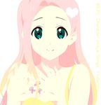  bare_shoulders bug butterfly cutie_mark dress fluttershy green_eyes hair_ornament heart heart_hands insect k-on! kotobuki_tsumugi long_hair looking_at_viewer miraclenight my_little_pony my_little_pony_friendship_is_magic personification pink_hair smile solo tattoo 