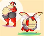 4_arms antennae_(anatomy) anthro arthropod bee-unit belly belly_overhang big_belly black_body blue_eyes bodily_fluids boots breasts clothing colored deep_navel digital_media_(artwork) eyelashes female flying footwear generation_2_pokemon gloves grass hands_on_stomach handwear hi_res holding_belly implied_weight_gain insect ledian medium_breasts mostly_nude multi_arm multi_limb multiple_images navel nintendo obese obese_anthro obese_female open_mouth overweight overweight_anthro overweight_female plant pokemon pokemon_(species) question_mark red_arm_warmers red_body red_boots red_clothing red_footwear shaded solo standing sweat sweatdrop tan_body thick_thighs tongue white_clothing white_gloves white_handwear