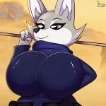 absurd_res anthro big_breasts breasts canid canine clothed clothing detailed_background digital_media_(artwork) dreamworks female fennythefox fox fur glistening glistening_body hi_res huge_breasts kung_fu_panda looking_at_viewer mammal simple_background smile solo thick_thighs topwear zhen_(kung_fu_panda)