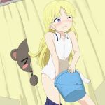  1girl bear blonde_hair blue_eyes bucket curtains gobanme_no_mayoi_neko hanasaka_warabi highres holding holding_bucket long_hair no_panties one_eye_closed school_uniform shirt sleeveless sleeveless_shirt tears 