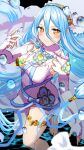  1girl absurdres azura_(fire_emblem) barefoot blue_hair blush breasts dress elbow_gloves fingerless_gloves fire_emblem fire_emblem_fates gloves hair_between_eyes highres jewelry light_blue_hair long_hair medium_breasts mu_tu_bu necklace parted_lips solo thighlet very_long_hair white_dress white_gloves yellow_eyes 