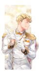  1boy adjusting_clothes adjusting_gloves blonde_hair bow bowtie closed_mouth collared_shirt epaulettes fdkbn gloves granblue_fantasy green_eyes highres jacket looking_to_the_side male_focus protected_link shirt short_hair simple_background smile solo twitter_username upper_body vane_(granblue_fantasy) white_gloves white_jacket white_shirt 