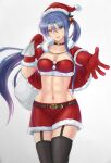  1girl abs absurdres bell blue_hair box breasts choker cleavage_cutout clothing_cutout crop_top eiyuu_densetsu elbow_gloves gift gift_box gloves hair_between_eyes hat highres holding holding_gift holding_sack jingle_bell large_breasts laura_s._arseid long_hair looking_at_viewer navel notejhay parted_bangs ponytail red_gloves sack santa_costume santa_gloves santa_hat sen_no_kiseki short_hair simple_background smile solo thighhighs white_background yellow_eyes 