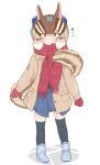  1girl animal_ears brown_eyes brown_hair chipmunk_ears chipmunk_girl chipmunk_tail coat extra_ears gloves highres kemono_friends kemono_friends_v_project kneehighs korin_589 looking_at_viewer ribbon scarf shoes short_hair siberian_chipmunk_(kemono_friends) simple_background skirt socks solo tail virtual_youtuber 