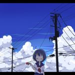  ahoge blue_hair blue_sky closed_eyes cloud day dripping food hair_ornament hairpin highres letterboxed original popsicle power_lines school_uniform serafuku short_hair sky smile solo yamabuki_(yusuraume) 