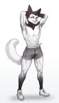 abs absurd_res anthro black_body black_fur bottomwear bulge canid canine clothed clothing digital_media_(artwork) fur gloves_(marking) hi_res leg_markings looking_at_viewer male mammal markings morgan_(selftorturer) muscular muscular_thighs pgm300 shorts simple_background smile socks_(marking) solo tail tuft