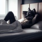 anonymous_artist arms_above_head bed bedding bent_leg canid canine canis furniture grey_body hands_behind_head male mammal reclining relaxing solo wolf