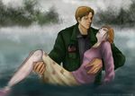  1boy 1girl asia_airport brown_hair couple dress_shirt eyes_closed female jacket james_sunderland male mary_shepherd-sunderland shirt short_hair silent_hill silent_hill_2 skirt water 