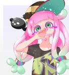  1girl absurdres baseball_cap black_shirt border colored_eyelashes commentary gradient_hair green_eyes green_hair grey_background harmony_(splatoon) hat highres long_hair low-tied_long_hair multicolored_hair multicolored_shirt omnivore-kun_(pixiv92911323) pink_hair print_shirt shirt simple_background solo splatoon_(series) splatoon_3 two-tone_hair upper_body white_border 