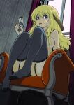 anthro blonde_hair blue_eyes breasts canid canine canis chair clothed clothing curtains domestic_dog female furniture garter_straps gun hair handgun hi_res knees_pulled_up legwear long_ears long_hair loose_hair mammal mrs._hudson muramasa_mikado pistol ranged_weapon sherlock_hound_(series) sitting solo thick_thighs thigh_highs topless topless_female weapon window