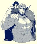  2boys abs affectionate balor_(housamo) bara bare_pectorals beard cape chest_hair cropped_torso cuffs eyepatch facial_hair fatherly flaming_eye fur-trimmed_cape fur_trim greyscale highres knuckle_hair large_pectorals male_focus mature_male mid_(mid_skb) monochrome multicolored_hair multiple_boys muscular muscular_male navel navel_hair nipples official_alternate_costume pectorals protagonist_1_(housamo) scar short_hair sitting_on_shoulder size_difference spot_color stomach strongman_waist thick_eyebrows tokyo_afterschool_summoners tusks two-tone_beard two-tone_hair 