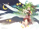  :d bare_legs bare_shoulders barefoot blush cloud dress flower green_hair lif_(ragnarok_online) long_hair moon multiple_wings night open_mouth ragnarok_online shilin sky smile solo star wings 