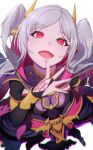 1girl :d aduti_momoyama black_bridal_gauntlets breasts bridal_gauntlets chromatic_aberration eyes_of_grima fingernails fire_emblem fire_emblem_awakening fire_emblem_heroes grey_hair grima_(fire_emblem) highres long_hair looking_at_viewer medium_breasts open_mouth parted_bangs red_eyes robin_(female)_(fire_emblem) robin_(fire_emblem) simple_background smile solo twintails white_background 