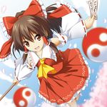  ascot blue_sky bow brown_eyes brown_hair cherry_blossoms day detached_sleeves gohei hair_bow hair_tubes hakurei_reimu ofuda open_mouth outstretched_arms petals ponytail running shirt skirt skirt_set sky smile solo touhou yin_yang zb 