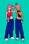  2girls absurdres aqua_background blonde_hair blue_pants bracelet bright_pupils brown_hair camisole crop_top earrings hair_behind_ear hair_ornament hairpin hand_in_pocket headphones headphones_around_neck highres hoop_earrings jewelry long_hair midriff miyoshi_yoshimi multiple_girls navel necklace orange_camisole orange_eyes original pants red_eyes red_tank_top shoes simple_background tank_top v white_footwear white_pupils 