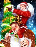  2boys black_hair christmas christmas_tree couple fur_trim grin hat highres holding holding_sack itadori_yuuji jujutsu_kaisen looking_ahead male_focus multiple_boys pina_(crtn-ms) sack santa_costume santa_hat scar scar_across_eye short_hair sideburns sitting_on_shoulder smile toudou_aoi_(jujutsu_kaisen) undercut yaoi 