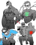  5boys bad_id bad_twitter_id batman batman_(series) belt_pouch bodysuit cape clenched_hand commentary_request dc_comics deadpool deadpool_(movie) eye_mask fish_(m8snknk) green_lantern green_lantern_(series) grin heart male_focus marvel mask multiple_boys muscular muscular_male nightwing partially_colored pouch short_hair simple_background smile spider-man spider-man_(series) white_background 