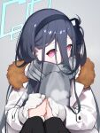  &lt;key&gt;_(blue_archive) 1girl absurdres alternate_costume black_hair black_hairband blue_archive coat english_commentary fur-trimmed_coat fur_trim gloves green_halo grey_background grey_scarf hair_between_eyes hairband halo highres holding_hands long_bangs long_hair long_sleeves looking_at_viewer n_sol own_hands_together pink_eyes pov pov_hands ringed_eyes scarf side_ponytail simple_background solo_focus upper_body white_coat white_gloves winter_clothes winter_coat 
