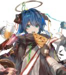  apple_pie arknights beer_mug birthday black_coat black_gloves blue_eyes blue_hair blue_tongue coat colored_tongue croissant_(arknights) cup dark_halo demon_horns doughnut exusiai_(arknights) fiammetta_(arknights) fingerless_gloves food fur-trimmed_hood fur_trim gloves hair_between_eyes halo highres holding holding_cup hood hood_down hooded_coat horns long_hair long_sleeves mostima_(arknights) mug mutomorokoshi open_mouth party party_popper penguin_logistics_(arknights) pie presenting red_gloves short_sleeves simple_background solo_focus sora_(arknights) sweatdrop texas_(arknights) upper_body white_background 