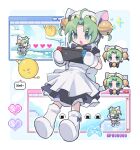  1girl :o ahoge animal_hat apron back_bow bell blue_eyes bow bowtie cat_hat cat_tail dejiko di_gi_charat dress food gema green_eyes green_hair hair_intakes handheld_game_console hat heart holding holding_handheld_game_console jingle_bell maid_apron mittens morizo_(morizoshop) multicolored_eyes neck_bell nintendo_switch onigiri open_mouth pixel_art purple_bow purple_bowtie purple_dress socks tail v-shaped_eyebrows white_apron white_bow white_headwear white_mittens white_socks window_(computing) 