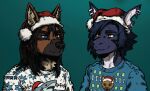 afevis_(character) anthro avatar_(disambiguation) black_body black_fur black_hair black_nose blue_body blue_eyes blue_hair brown_body brown_fur canid canine canis christmas christmas_clothing christmas_headwear christmas_sweater christmas_topwear clothing domestic_dog dwcmarshalarts ear_piercing ear_ring festive fish fur german german_shepherd hair hat headgear headwear herding_dog heterochromia hi_res holidays keller_(kellervo) kellervo long_hair male mammal marine orange_eyes pastoral_dog piercing ring_piercing santa_hat shark shepherd sweater tan_body tan_fur topwear white_body