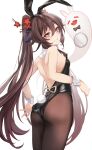  1girl absurdres animal_ears ass black_leotard boo_tao_(genshin_impact) breasts brown_hair cowboy_shot fake_animal_ears fake_tail flower from_behind genshin_impact grin hair_flower hair_ornament highres hu_tao_(genshin_impact) leotard long_hair looking_at_viewer looking_back pantyhose playboy_bunny rabbit_ears rabbit_tail red_eyes simple_background small_breasts smile solo tail thighs twintails very_long_hair white_background wrist_cuffs yutoriko_(candy0905) 