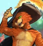 5_fingers anthro athletic athletic_anthro athletic_male cape clothing domestic_cat dreamworks excaliburwolf felid feline felis fingers fur green_eyes hat hat_feather headgear headwear hi_res loose_feather male mammal one_eye_closed orange_body orange_fur portrait puss_in_boots_(character) puss_in_boots_(dreamworks) solo wink