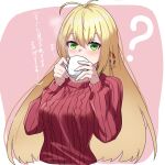  1girl ? absurdres aran_sweater beads blonde_hair blush breasts cable_knit cevio cropped_torso cup drinking green_eyes hair_between_eyes highres holding holding_cup large_breasts long_hair long_sleeves looking_at_viewer mug nise_no_tsubo red_sweater ribbed_sweater simple_background solo sweater translation_request tsurumaki_maki upper_body voiceroid 