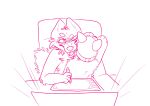 2021 akamai_(maligaytor) anthro canid canine canis chair cheek_tuft clenched_teeth collar computer_monitor creating_art desk digital_drawing_(artwork) digital_media_(artwork) drawing_tablet ears_back facial_tuft fluffy fluffy_tail fur furniture hi_res holding_object holding_plushie holding_tablet_pen hybrid jackal male maligaytor mammal maned_wolf monochrome narrowed_eyes nude pink_and_white pivoted_ears plushie simple_background sitting sketch solo table tablet_pen tail teeth tuft white_background