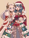  2girls :&gt; blue_eyes blue_hair byleth_(female)_(fire_emblem) byleth_(female)_(frosty_professor)_(fire_emblem) byleth_(fire_emblem) cape character_doll chimney_(chimney0311) edelgard_von_hresvelg edelgard_von_hresvelg_(snowfall_future) fire_emblem fire_emblem:_three_houses fire_emblem_heroes fur_trim grey_hair hat highres hug mistletoe_hat_ornament multiple_girls official_alternate_costume purple_eyes santa_hat smile 