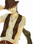  androgynous belt bishoujo_senshi_sailor_moon casual earrings fragrant_olive green_eyes green_hair hand_on_headwear hat jewelry long_hair looking_at_viewer male_focus necklace ponytail seiya_kou solo vest white_background 