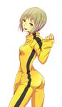  ass blonde_hair bodysuit bruce_lee's_jumpsuit green_eyes huang_baoling midoruman orange_bodysuit short_hair solo tiger_&amp;_bunny 