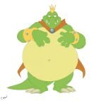 anthro belly big_belly bracelet canson cape claws clothing crocodilian crown donkey_kong_(series) gem hands_on_stomach headgear hi_res jewelry king_k._rool looking_down looking_pleasured male nintendo overweight overweight_anthro overweight_male reptile scalie smile solo tail teeth