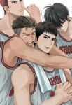  4boys arms_around_neck basketball_jersey basketball_uniform beaker_pour black_eyes black_hair brown_eyes brown_hair buzz_cut closed_eyes closed_mouth dark-skinned_male dark_skin earrings highres hug hug_from_behind jacket jewelry looking_at_viewer male_focus mitsui_hisashi miyagi_ryouta multiple_boys nose_picking open_clothes open_jacket own_hands_clasped own_hands_together red_hair rukawa_kaede sakuragi_hanamichi scar scar_on_chin scar_on_face short_hair simple_background slam_dunk_(series) snot_trail sportswear stud_earrings tank_top tearing_up toned toned_male towel towel_around_neck undercut upper_body very_short_hair wavy_hair white_background white_tank_top white_towel 