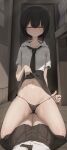  2girls 3: ass_visible_through_thighs black_hair black_necktie black_panties black_skirt blush bob_cut breasts clothes_lift collared_shirt commentary_request frown g-string genek girl_on_top groin half-closed_eyes highres indoors lifted_by_self lingerie looking_at_viewer multiple_girls navel necktie nose_blush original panties pleated_skirt shirt shy skindentation skirt skirt_lift small_breasts solo_focus straddling straight-on thighs thong underwear uniform upright_straddle white_shirt yellow_eyes yuri 