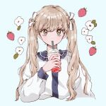  1girl blonde_hair blue_background brown_eyes buttons commentary cup disposable_cup dot_nose drink drinking_straw drinking_straw_in_mouth flower food frilled_shirt_collar frills fruit hair_ribbon highres light_blush long_hair long_sleeves looking_at_viewer multicolored_shirt original ribbon s5fz9 shirt simple_background solo strawberry swept_bangs twintails upper_body white_flower white_ribbon white_shirt 