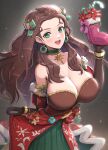  1girl bare_shoulders breasts brown_hair candy candy_cane christmas christmas_wreath_earrings cleavage collarbone commentary dorothea_arnault dorothea_arnault_(winter) dress earrings fire_emblem fire_emblem:_three_houses fire_emblem_heroes fire_emblem_warriors:_three_hopes food gift gingerbread_man gonzarez green_dress green_eyes hair_ornament highres holly_hair_ornament jewelry large_breasts looking_at_viewer official_alternate_costume official_alternate_hairstyle open_mouth red_dress smile solo teeth upper_teeth_only 