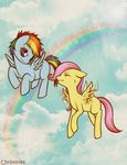  cloud cute cutie_mark cyan_body equine eyes_closed female feral fluttershy_(mlp) flying friendship_is_magic hair hasbro mammal multi-colored_hair my_little_pony pegasus pink_eyes pink_hair rainbow rainbow_dash_(mlp) rainbow_hair sky wings yellow_body 