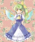  adapted_costume arms_behind_back bad_id bad_pixiv_id blue_dress bow brooch daiyousei dress fairy floral_background green_hair hair_ribbon highres jewelry long_hair ponytail rattan_tantaka ribbon side_ponytail solo standing touhou wings yellow_eyes 