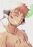  1boy animal_ears bara biceps blush closed_eyes commentary_request cow_ears facial_hair fiery_horns goatee hand_on_own_chest highres horns igarashi_(igarashi_ta) male_focus pectorals signature smile thick_eyebrows tokyo_afterschool_summoners topless_male upper_body wakan_tanka white_background 