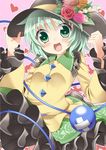  bad_id bad_pixiv_id bandage_over_one_eye blush flower green_eyes green_hair hat heart heart-shaped_pupils komeiji_koishi open_mouth shirt skirt smile solo symbol-shaped_pupils takashiru third_eye touhou 