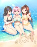  #unicus_(idolmaster) 3girls ahoge antenna_hair apple arm_under_breasts bare_legs barefoot beach bikini black_bikini black_hair blush breasts brown_hair cleavage fang fingers_to_mouth flower food frilled_bikini frills fruit full_body green_bikini hair_flower hair_ornament hashtag heart highres idolmaster idolmaster_cinderella_girls large_breasts looking_at_viewer medium_breasts multiple_girls navel pink_hair sand sand_writing seiza shallow_water sitting sitting_on_water skin_fang smile stomach sunazuka_akira swimsuit tsujino_akari water yellow_bikini yoshikita_popuri yumemi_riamu 