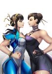  2girls absurdres bare_shoulders black_dress black_hair blush bracelet breasts chun-li chun-li_(cosplay) cosplay double_bun dress earrings gold_earrings gold_hairband hair_bun hairband highres jewelry large_breasts long_hair multiple_girls navel red_eyes short_hair smile solo spy_x_family street_fighter street_fighter_6 tre_artz two-sided_dress two-sided_fabric yor_briar yor_briar_(cosplay) 