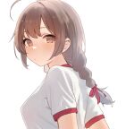  1girl ahoge alternate_costume braid brown_eyes brown_hair gym_shirt kantai_collection looking_at_viewer sakieko shinshuu_maru_(kancolle) shirt simple_background solo t-shirt twin_braids upper_body white_background white_shirt 