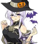  1girl alternate_costume bare_shoulders breasts dress fire_emblem fire_emblem:_genealogy_of_the_holy_war halloween halloween_costume hat julia_(fire_emblem) long_hair looking_at_viewer nail_polish open_mouth purple_eyes purple_hair sash simple_background solo wide_sleeves witch_hat yukia_(firstaid0) 