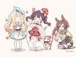  2boys 2girls ^_^ ahoge alice_(alice_in_wonderland) alice_(alice_in_wonderland)_(cosplay) alice_in_wonderland animal animal_ear_fluff animal_ears apron argyle_cloak arms_on_head artist_name back_bow bear_boy bear_ears belt black_bow black_bowtie black_eyes black_footwear blonde_hair blue_bow blue_cloak blue_dress blue_eyes blue_footwear blue_hood blue_sleeves blunt_bangs blush_stickers boots bow bowtie brown_hair buttons cape cloak closed_eyes closed_mouth clothing_cutout collar collared_dress colored_eyelashes commentary_request corset cosplay cross-laced_clothes cross-laced_corset crossed_arms crown dress flower frilled_apron frills full_body fur-trimmed_cape fur-trimmed_headwear fur_cuffs fur_trim green_pants green_shirt grey_pants grey_sleeves hair_bow hand_on_own_cheek hand_on_own_chest hand_on_own_face hand_on_own_hip hat hat_bow heart heart_cutout heart_print high_heels holding holding_animal holding_polearm holding_weapon hood hood_down hooded_cloak kneehighs lace-trimmed_skirt lace_trim leg_up light_frown long_hair long_sleeves looking_at_another loose_hair_strand mary_janes mini_crown miniskirt multiple_boys multiple_girls musical_note open_clothes open_mouth open_vest original pants pantyhose pleated_skirt polearm polka_dot polka_dot_background polka_dot_dress polka_dot_sleeves puffy_long_sleeves puffy_pants puffy_sleeves queen_of_hearts_(alice_in_wonderland) queen_of_hearts_(alice_in_wonderland)_(cosplay) rabbit rabbit_boy rabbit_ears red_bow red_cape red_corset red_eyes red_footwear red_headwear red_hood red_skirt ribbon-trimmed_cloak shadow shironappa shirt shoes short_dress short_hair skirt sleeves_past_wrists smile sneakers socks solid_circle_eyes spear squatting striped striped_shirt striped_sleeves sweatdrop teeth twintails two-sided_cape two-sided_fabric two-tone_cloak two_side_up upper_teeth_only very_short_hair vest weapon white_apron white_background white_belt white_cape white_cloak white_collar white_pantyhose white_socks white_wrist_cuffs yellow_vest 