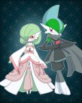  1boy 1girl absurdres arms_at_sides artist_name bare_shoulders barefoot black_gloves black_pants blue_background blue_hair bob_cut choker closed_mouth clothing_cutout colored_skin commentary_request crossed_legs dress elbow_gloves flat_chest gallade gardevoir gloves green_hair green_skin grey_scarf hair_over_one_eye hands_up happy highres leg_warmers long_sleeves looking_at_another looking_at_viewer looking_to_the_side meru_(mer_milky77) mohawk multicolored_hair multicolored_skin ninja one_eye_covered outline own_hands_together pants partial_commentary pink_choker pink_dress pokemon pokemon_(creature) puffy_pants red_eyes scarf short_hair signature sleeveless smile twitter_username two-tone_hair two-tone_skin white_outline white_skin wide_sleeves 