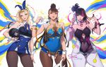  3girls alternate_costume animal_ears bare_shoulders black_leotard bow breasts brown_pantyhose cammy_white chun-li citemer cleavage covered_navel detached_collar fake_animal_ears han_juri highleg highleg_leotard highres large_breasts leotard long_hair looking_at_viewer multiple_girls pantyhose playboy_bunny rabbit_ears smile strapless strapless_leotard street_fighter wrist_cuffs 