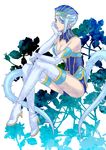  bare_shoulders blue_eyes blue_hair blue_rose_(tiger_&amp;_bunny) boots breasts cleavage crossed_legs crystal_earrings earrings elbow_gloves gloves high_heels jewelry karina_lyle legs lipstick long_legs makeup maroko medium_breasts shoes short_hair sitting solo superhero thigh_boots thighhighs thighs tiger_&amp;_bunny white_legwear 